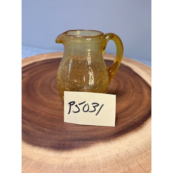 Hand Blown Amber Crackle Glass Miniature Pitcher with Handle 1970s - Picture 8 of 8